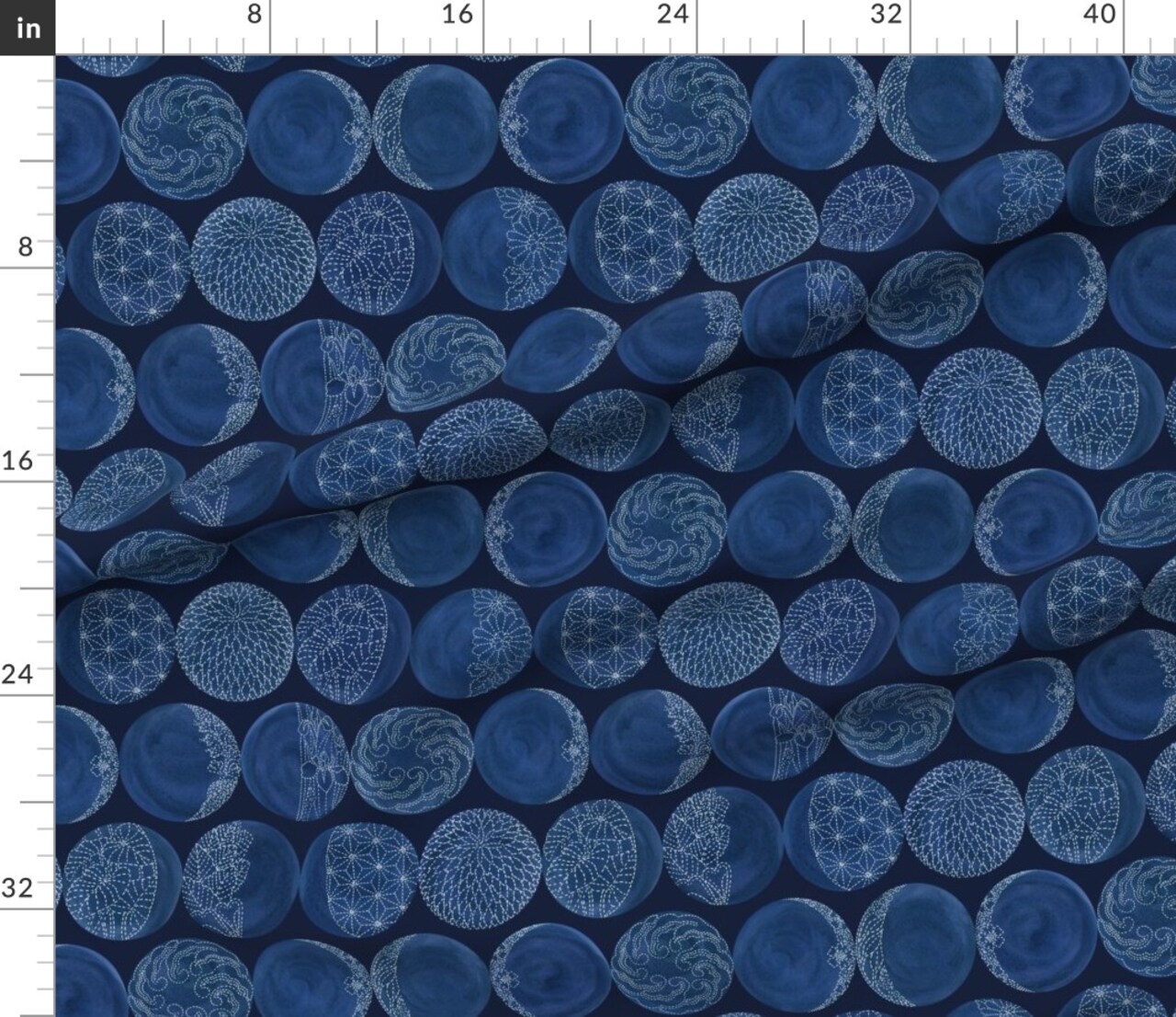 japanese inspired,sashiko moons,indigo blue asia,outer space,phases of the moon Custom Printed Fabric by Spoonflower Various Fabrics by the Yard or Fat Quarter
